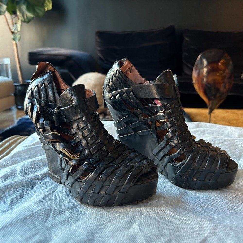 Givenchy Black Leather Cage Wedge Booties